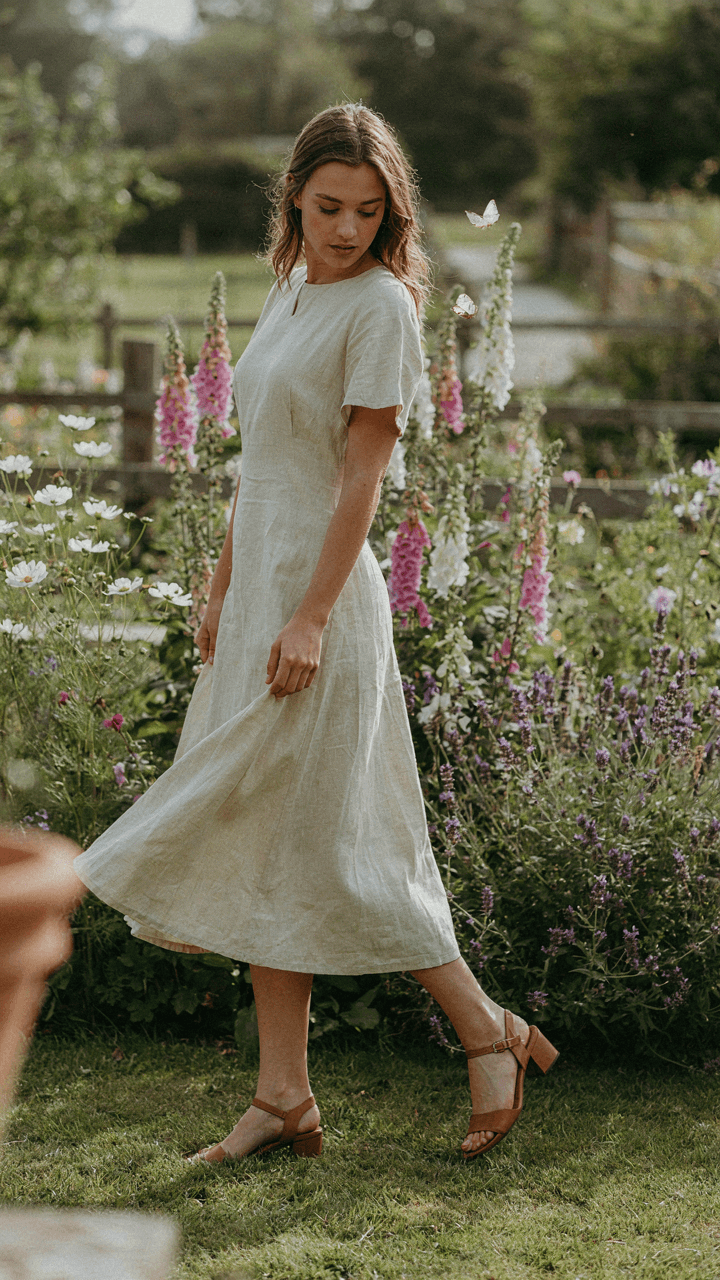 Woman in a linen dress and block heels stands in a sunny garden.