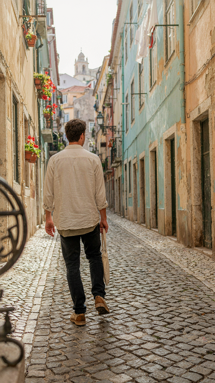 A person walks confidently up a steep, ancient cobblestone street in Lisbon.