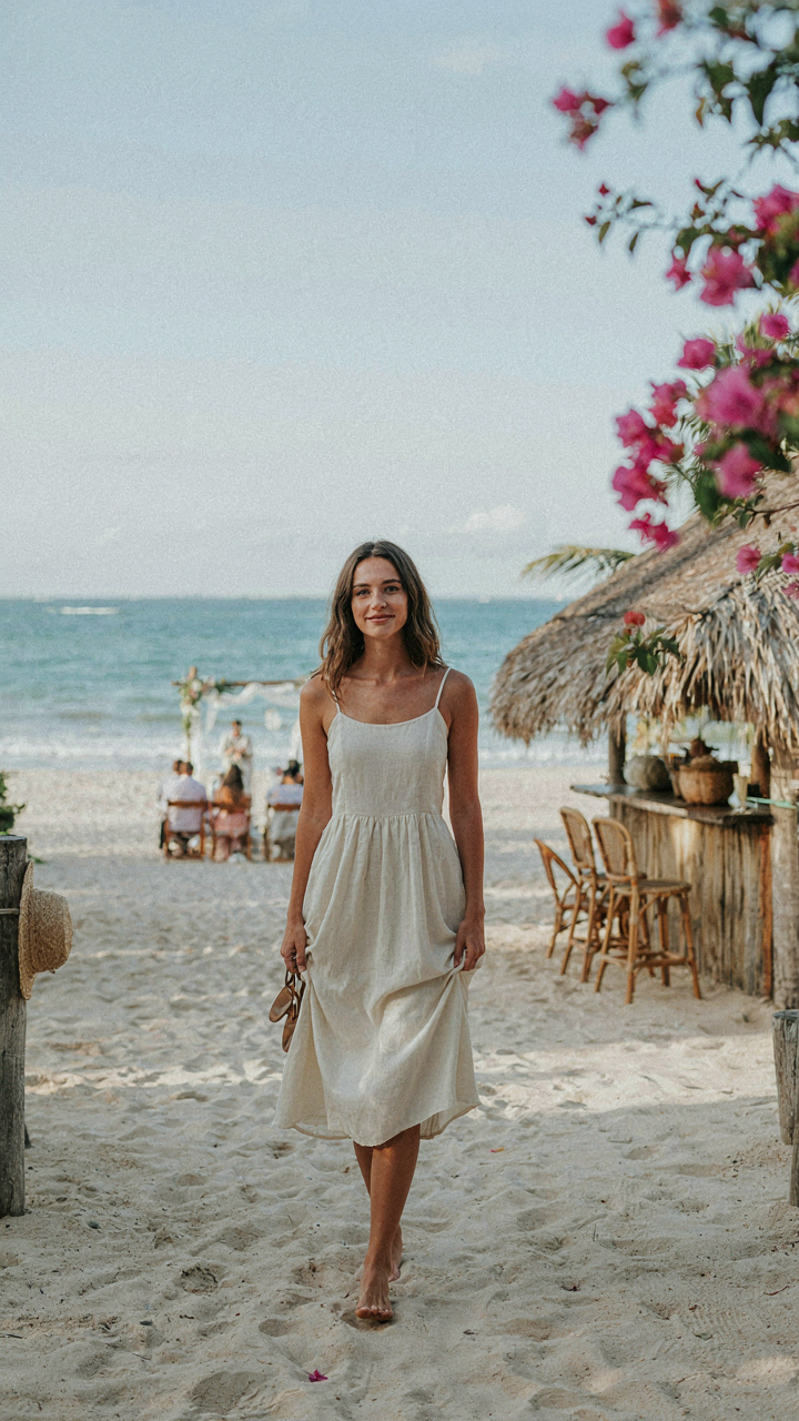 A woman in a linen tropical wedding guest dress walks from a beach to a bar.
