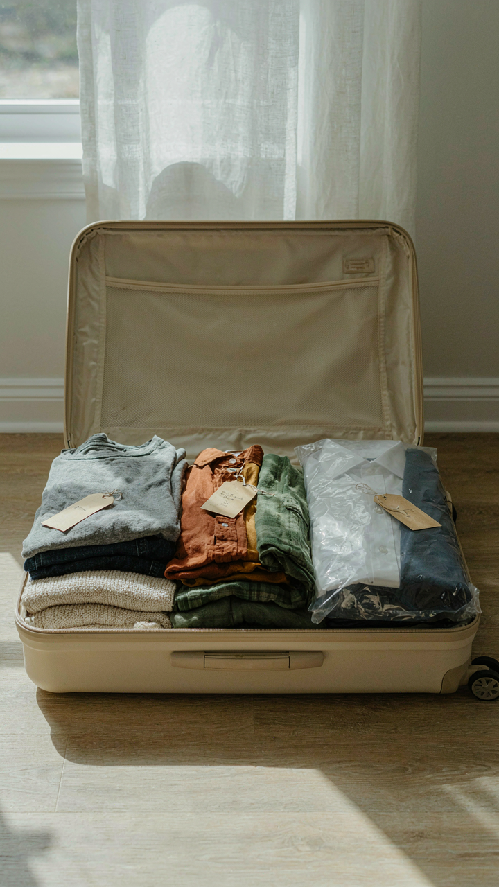 Clothes in a suitcase are sorted into piles: worn many, worn once, never touched.