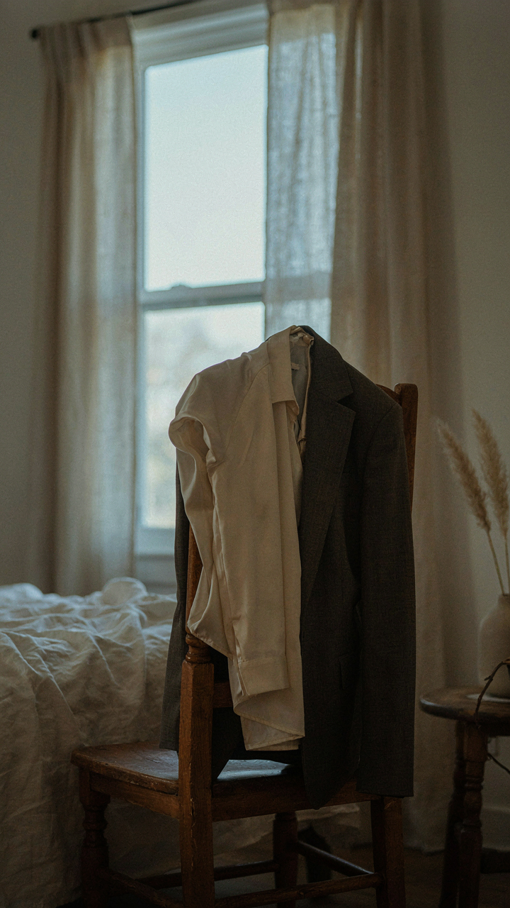 A silk blouse and blazer hang on a chair in a bedroom.