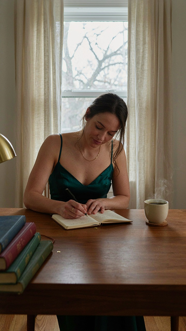 A woman writes notes in a journal about her office Christmas party dress.
