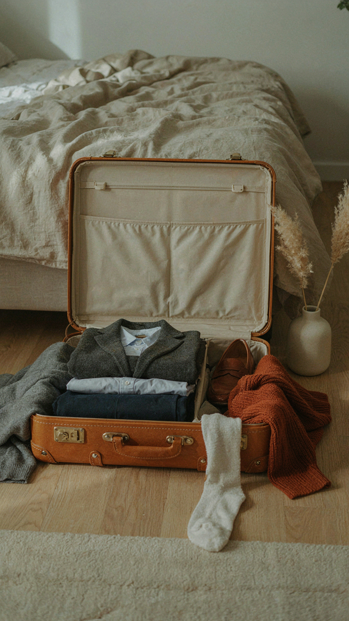 An open suitcase on the floor with worn and unworn clothes.
