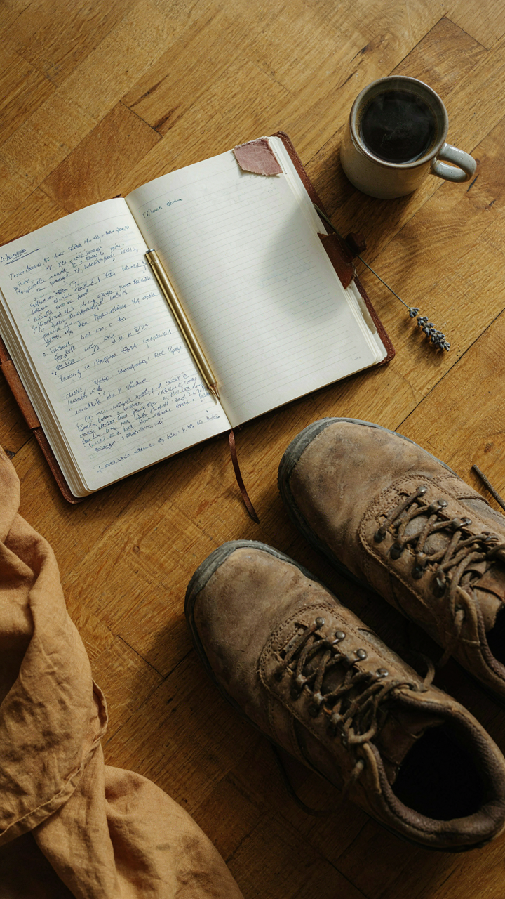 A travel journal with notes on clothing performance next to grip shoes.