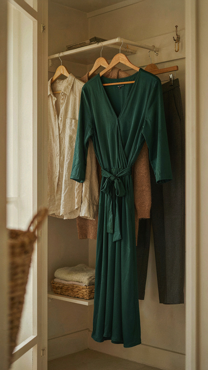 A versatile jewel-toned wrap dress hangs in a closet with other clothes.