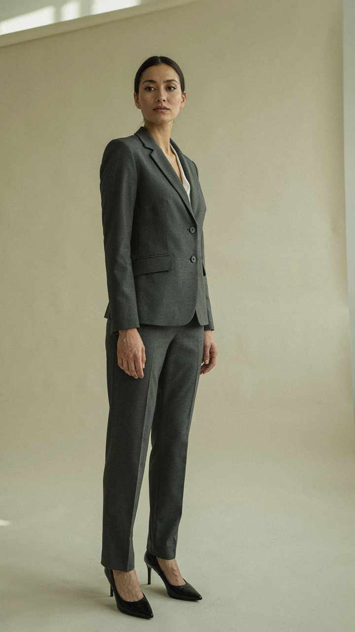 A woman in a tailored pantsuit stands with confident posture, shoulders back.