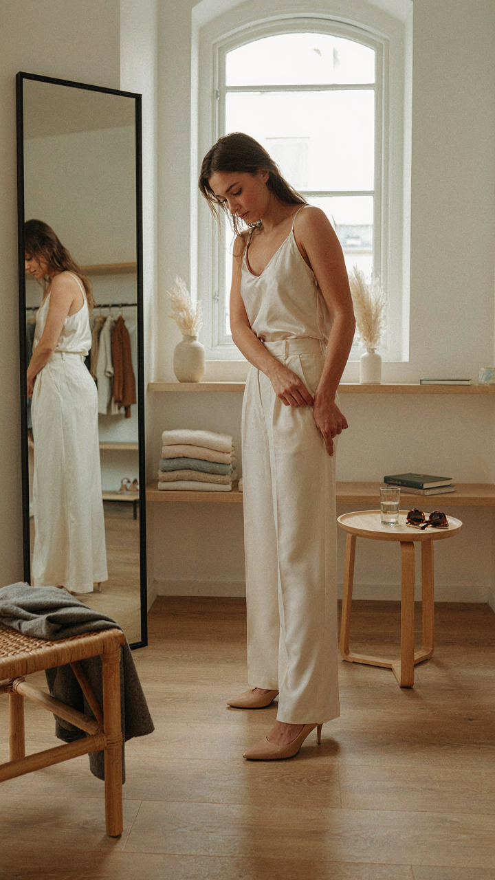 Person adjusting the hem of their wide leg pants in a mirror.