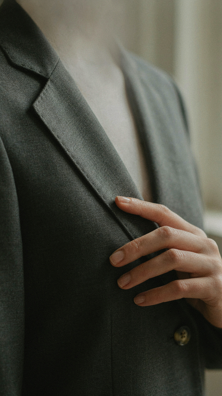 A close-up shows a woman's hand touching the fine fabric of a tailored blazer.