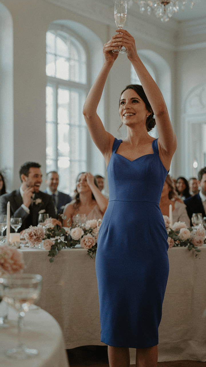 Woman in a sapphire blue cocktail dress raises her arm in a toast.