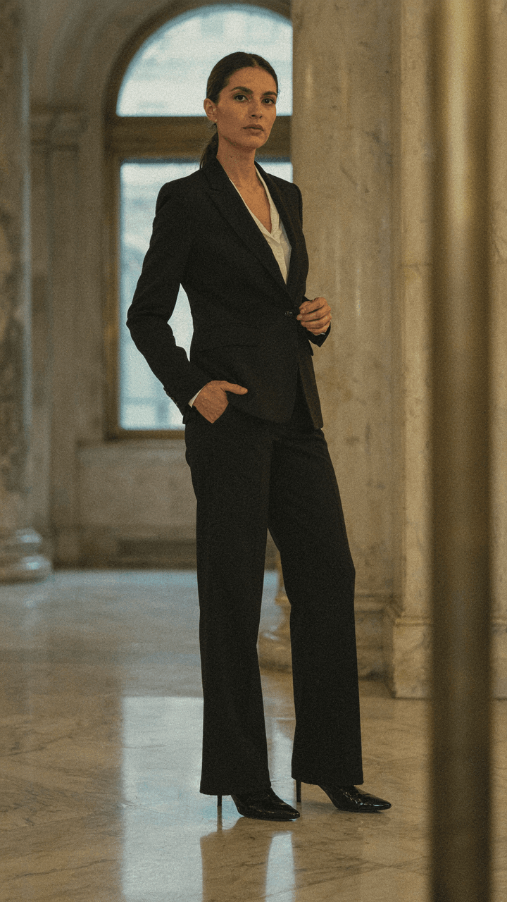 A woman in a tailored dark pantsuit stands confidently in elegant heels.
