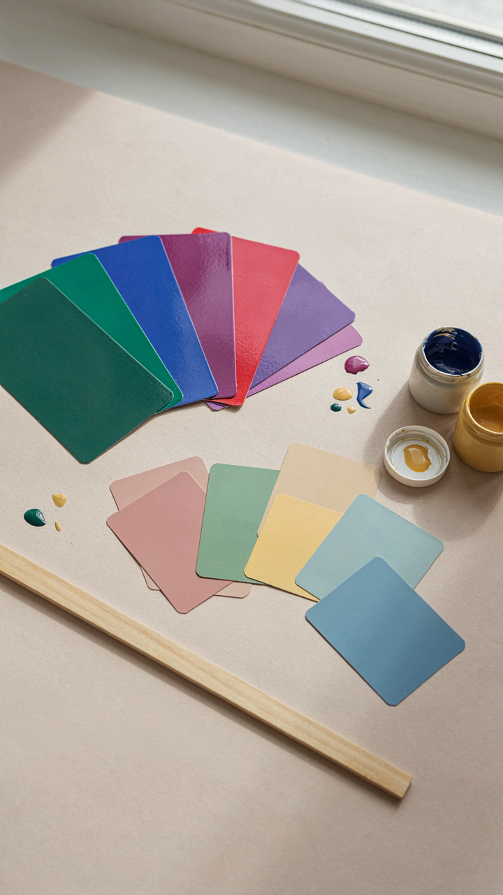 Paint swatches in jewel tones and muted pastels show color contrast.