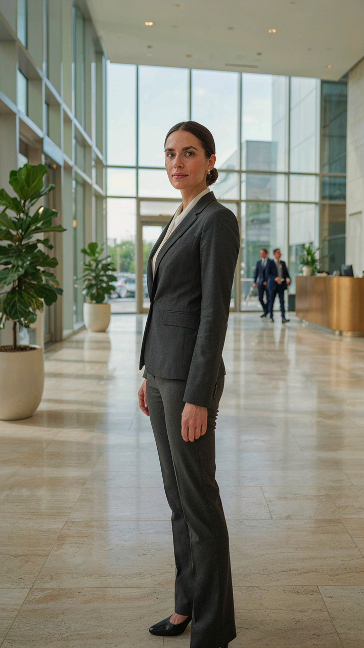 A professional woman in a tailored pantsuit with a high-neck blouse.
