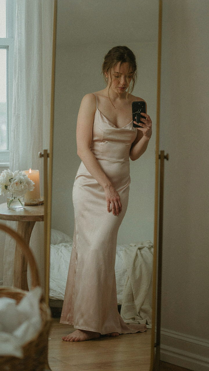 Woman checking her profile in a mirror after putting items in her dress pocket.