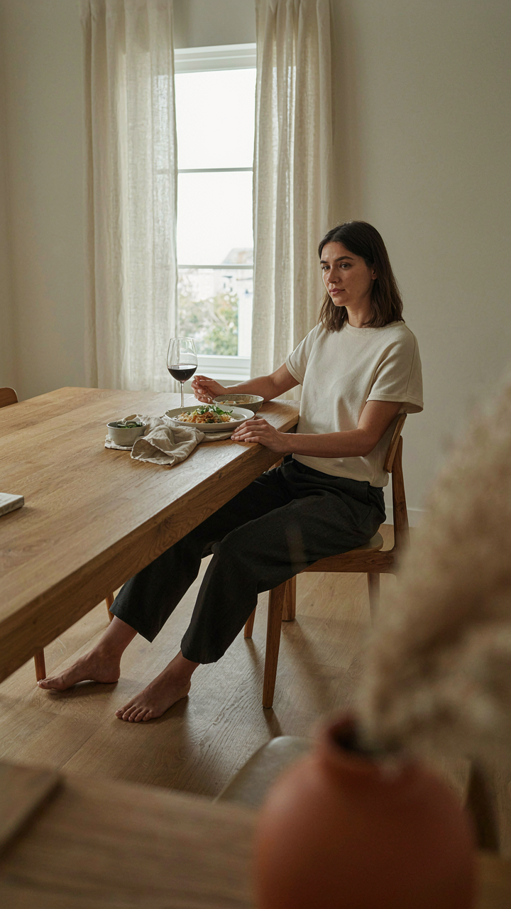 A person sitting comfortably at a dinner in well-fitting, functional clothes.