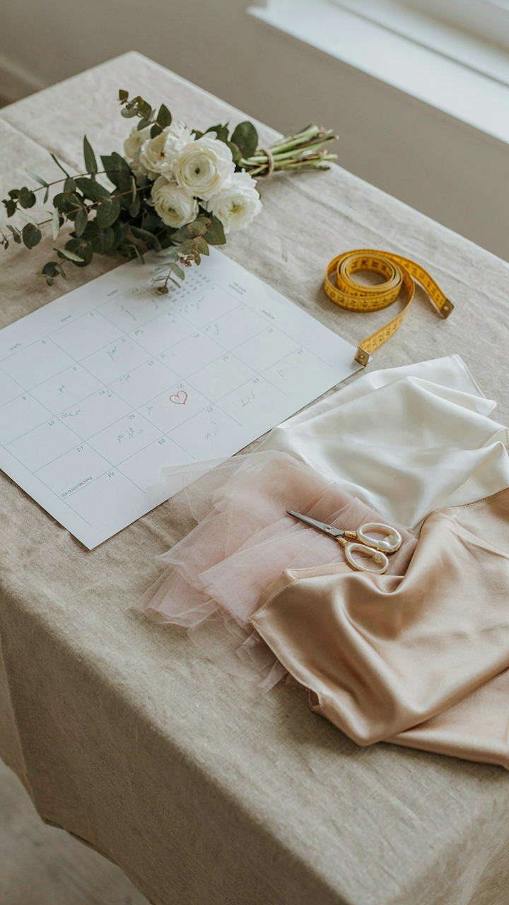 A calendar with a wedding date circled, next to fabric swatches.