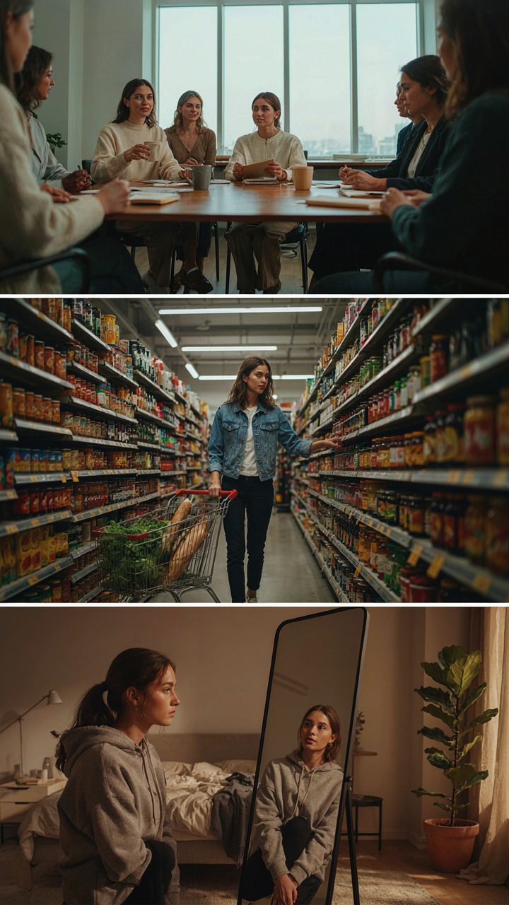 A person wearing a travel outfit in an office, a store, and at home.