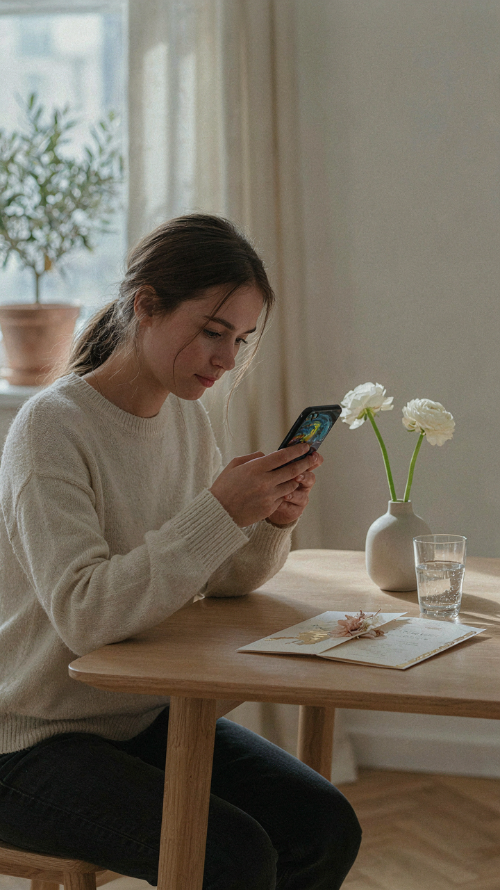 A person views a weather map on a phone next to an open wedding invitation.