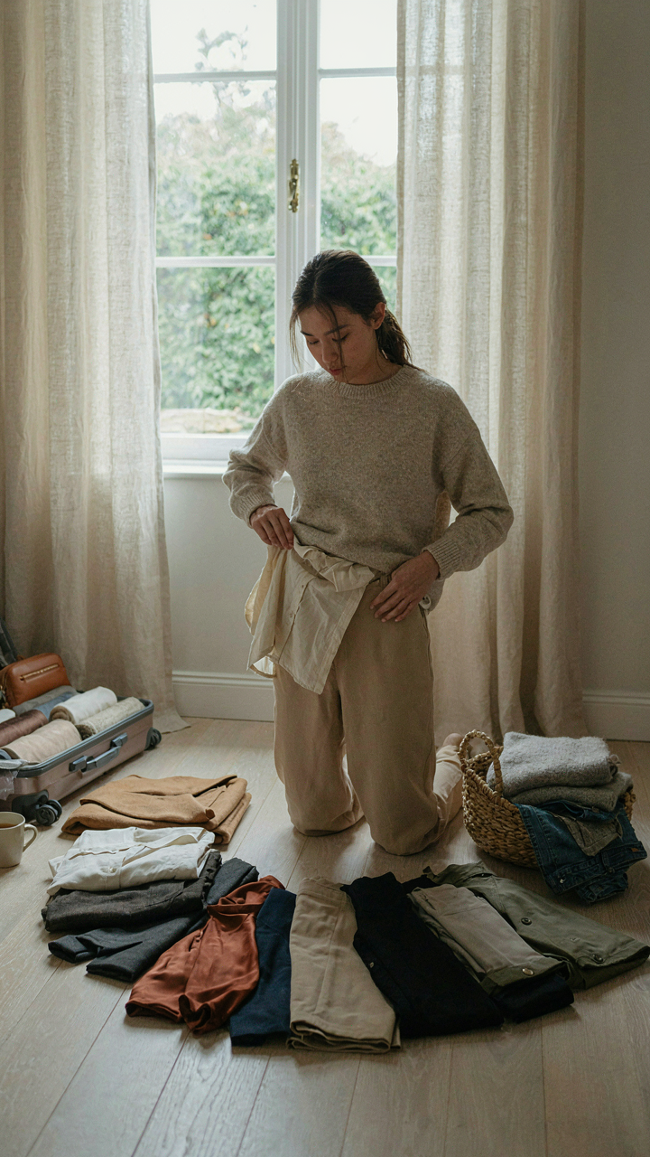 A person tries on different capsule wardrobe combinations before a trip.