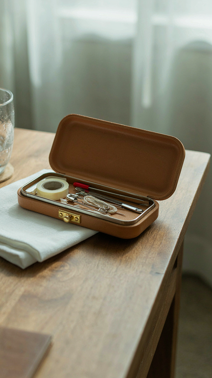 A compact travel repair kit in a glasses case on a nightstand.