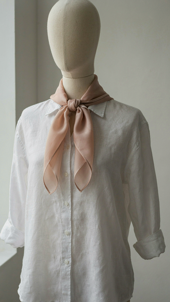 A silk scarf tied around a mannequin's neck with a white shirt.