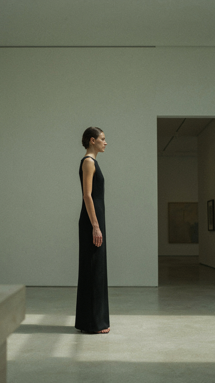A woman in a black column gown stands with impeccable posture.