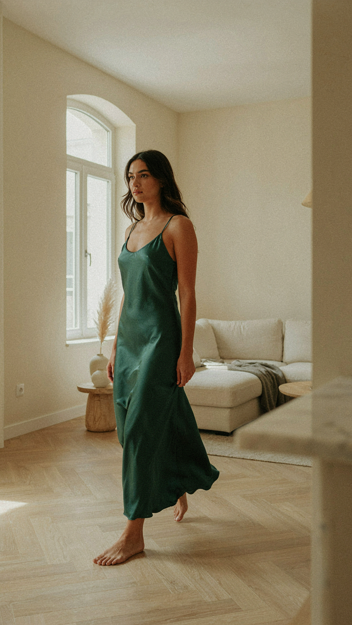 A woman in a satin dress walking, the fabric flowing with her steps.