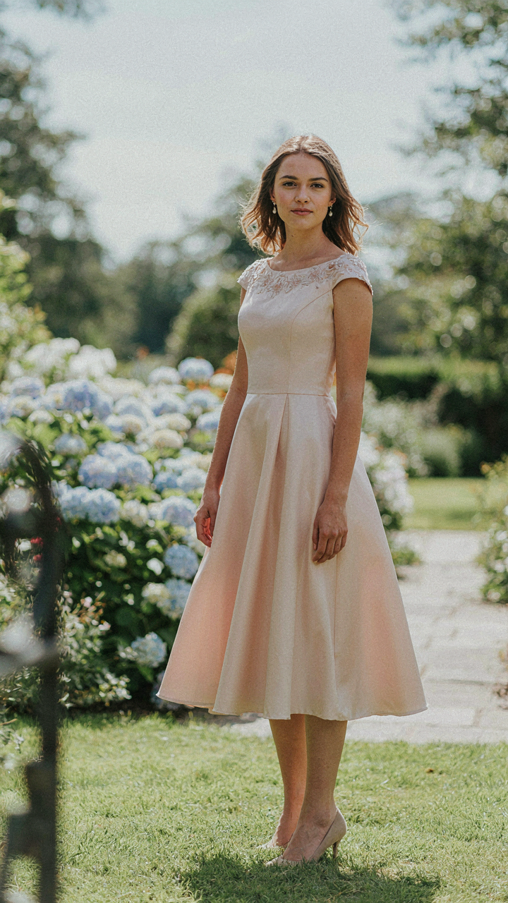 A woman in a well-fitted dress stands confidently, looking at the viewer.
