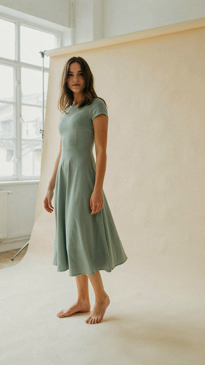 A woman in a midi dress standing on the balls of her feet with good posture.