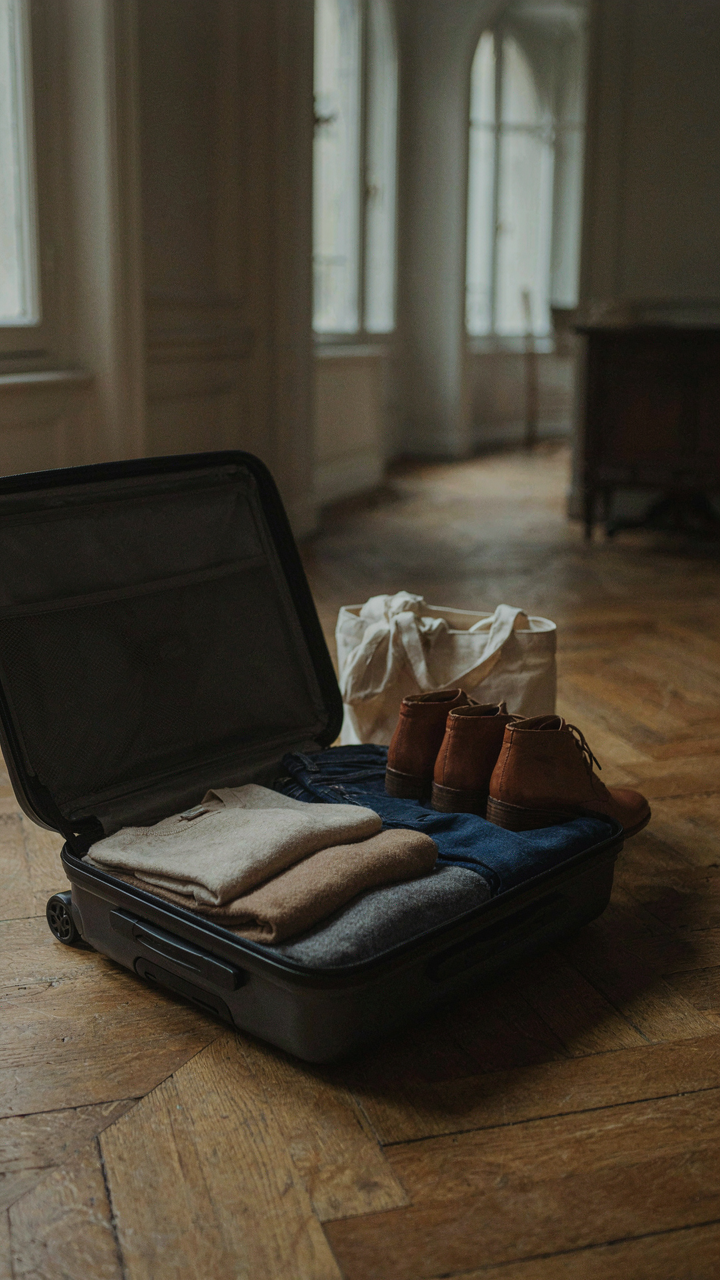 A small carry-on suitcase open, showing neutral layered clothing inside.