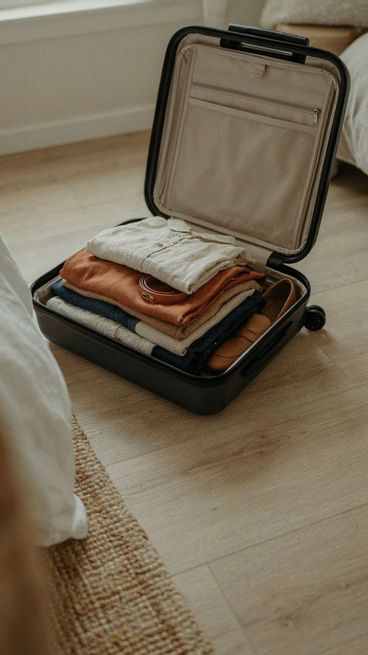 Open carry-on suitcase showing a few neatly folded, coordinated garments for travel.