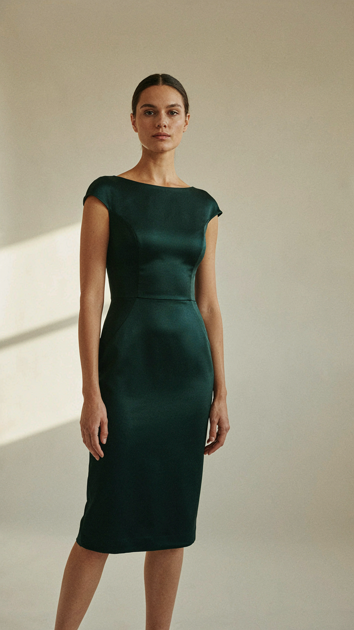 A woman standing with excellent posture in a fitted, dark knee-length dress.