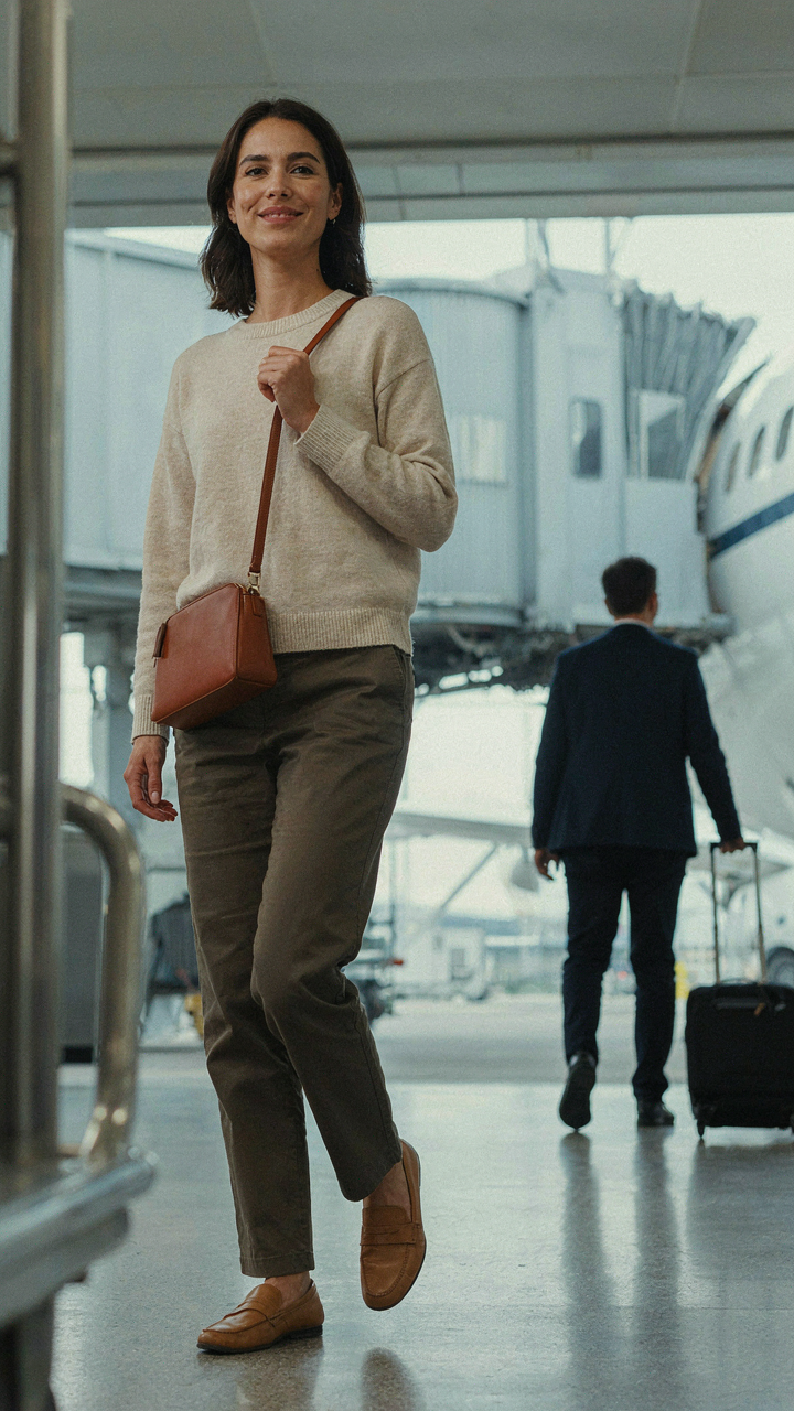 Woman smiling confidently and calmly boarding a plane in her comfortable outfit.