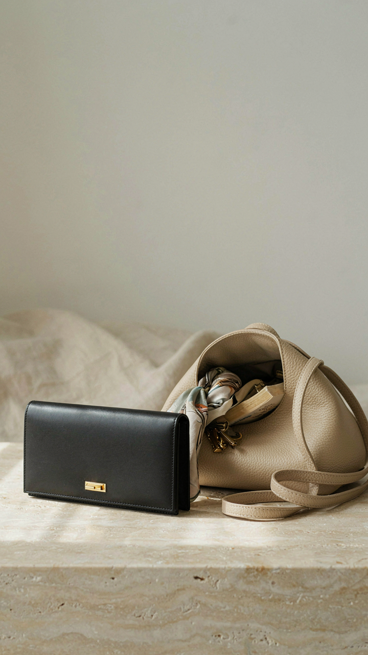 A rigid clutch sits next to a soft, overflowing handbag.