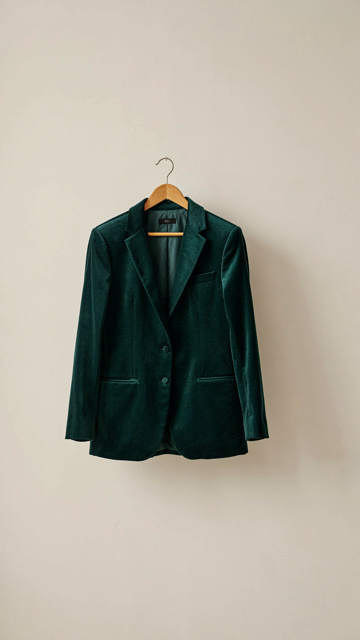 An impeccably tailored deep jewel-toned velvet blazer on a hanger.