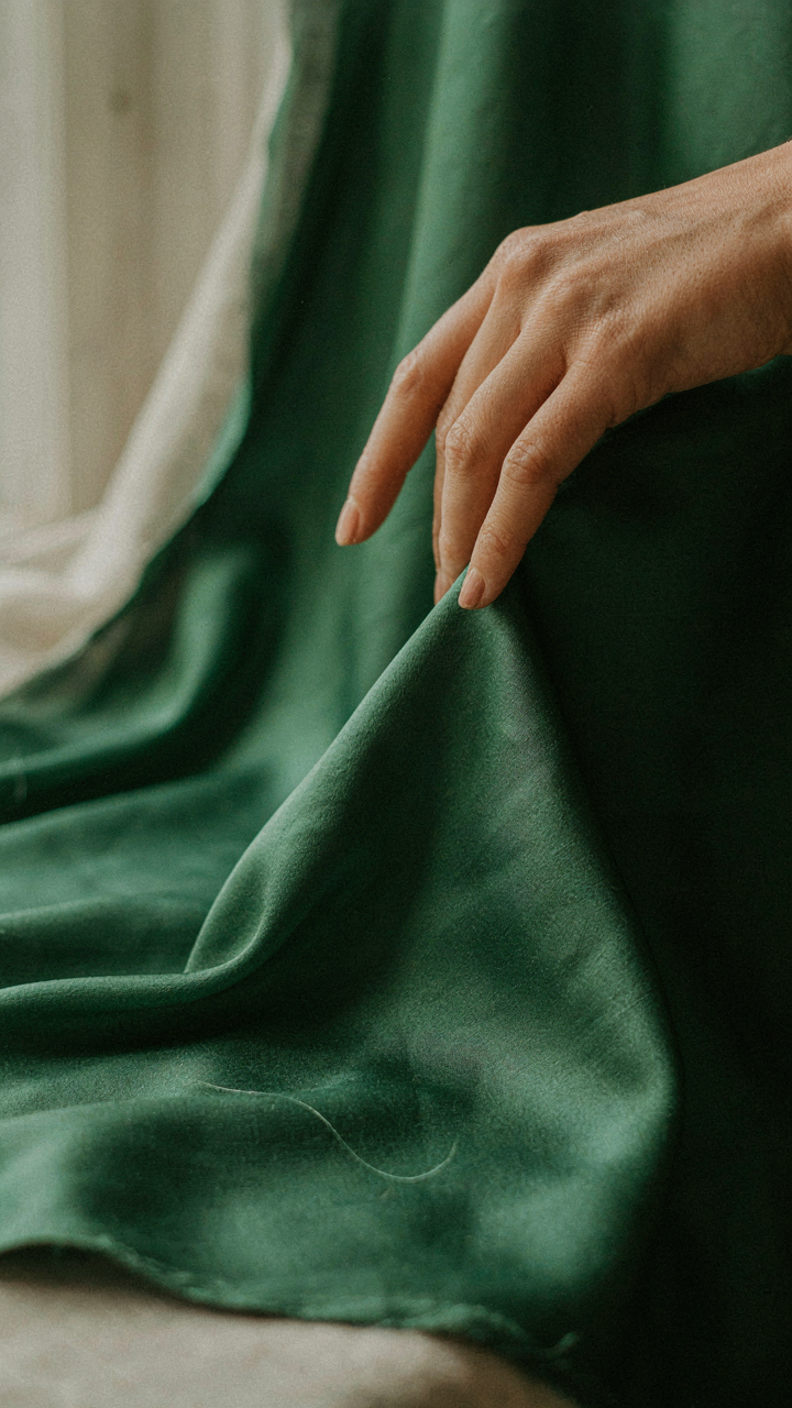 A hand touches luxurious, finely woven silk fabric.