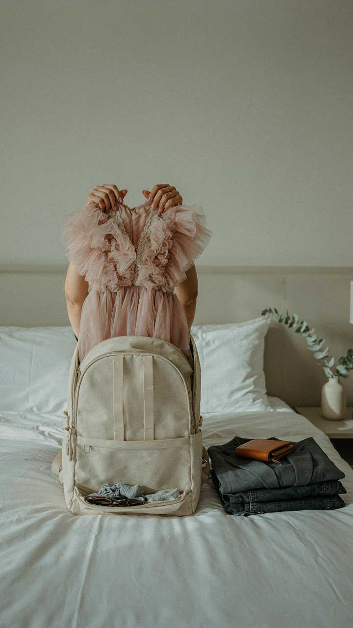 Hands remove a ruffled dress from a small travel backpack, emphasizing elimination.