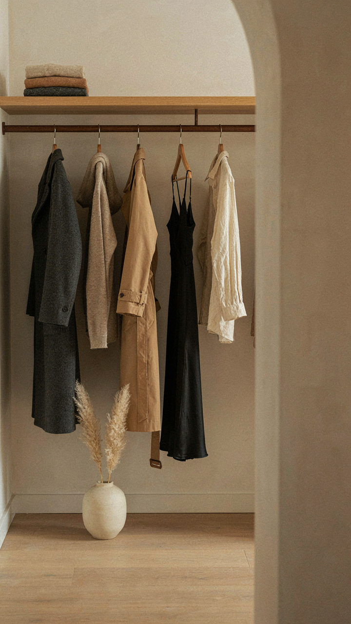 A minimalist closet holds a few carefully chosen garments.