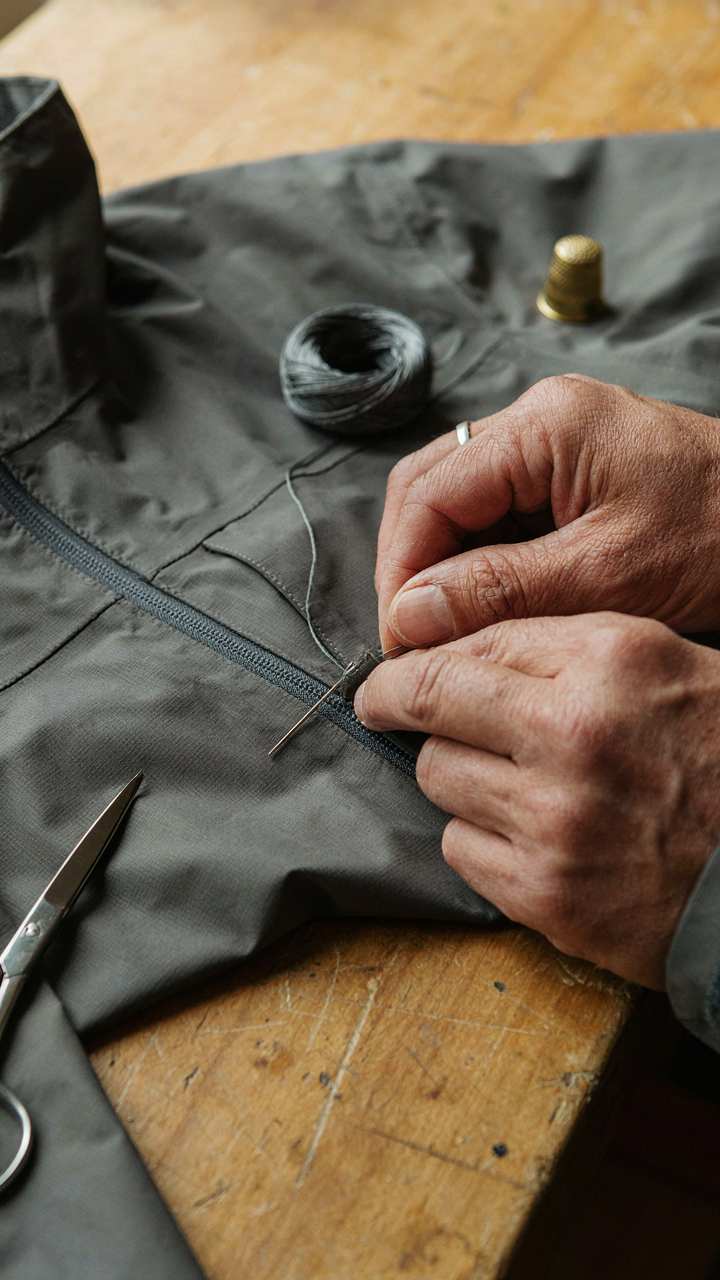 A tailor's hands carefully mend a torn seam on a high-quality Gore-Tex jacket.