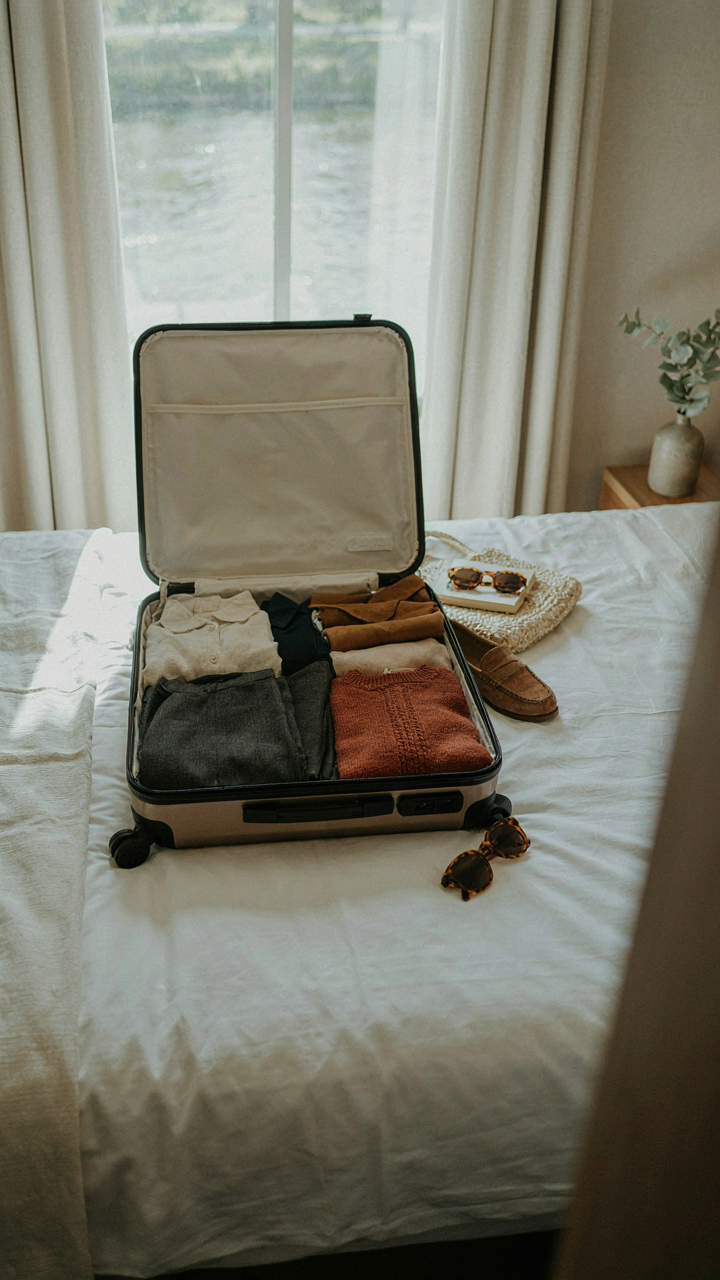 A simple, well-organized suitcase with core pieces on a river cruise bed.