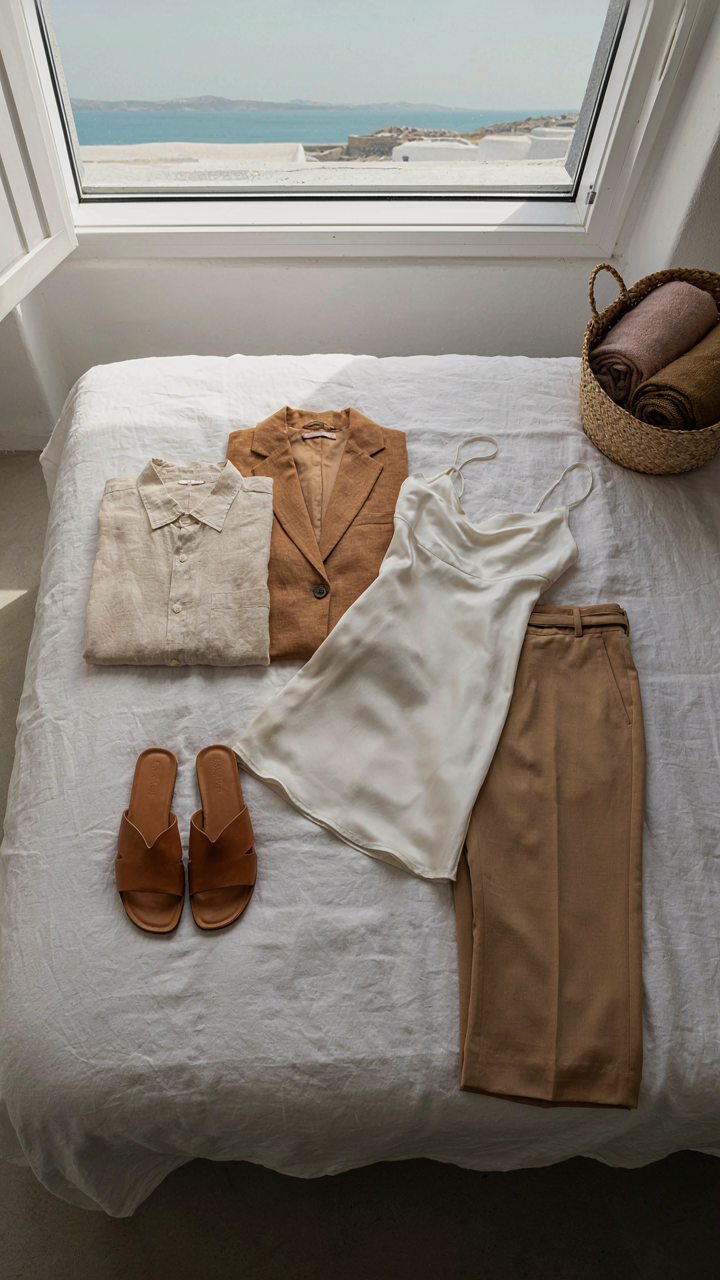 A perfectly curated Greece capsule wardrobe of five versatile pieces laid on a bed.