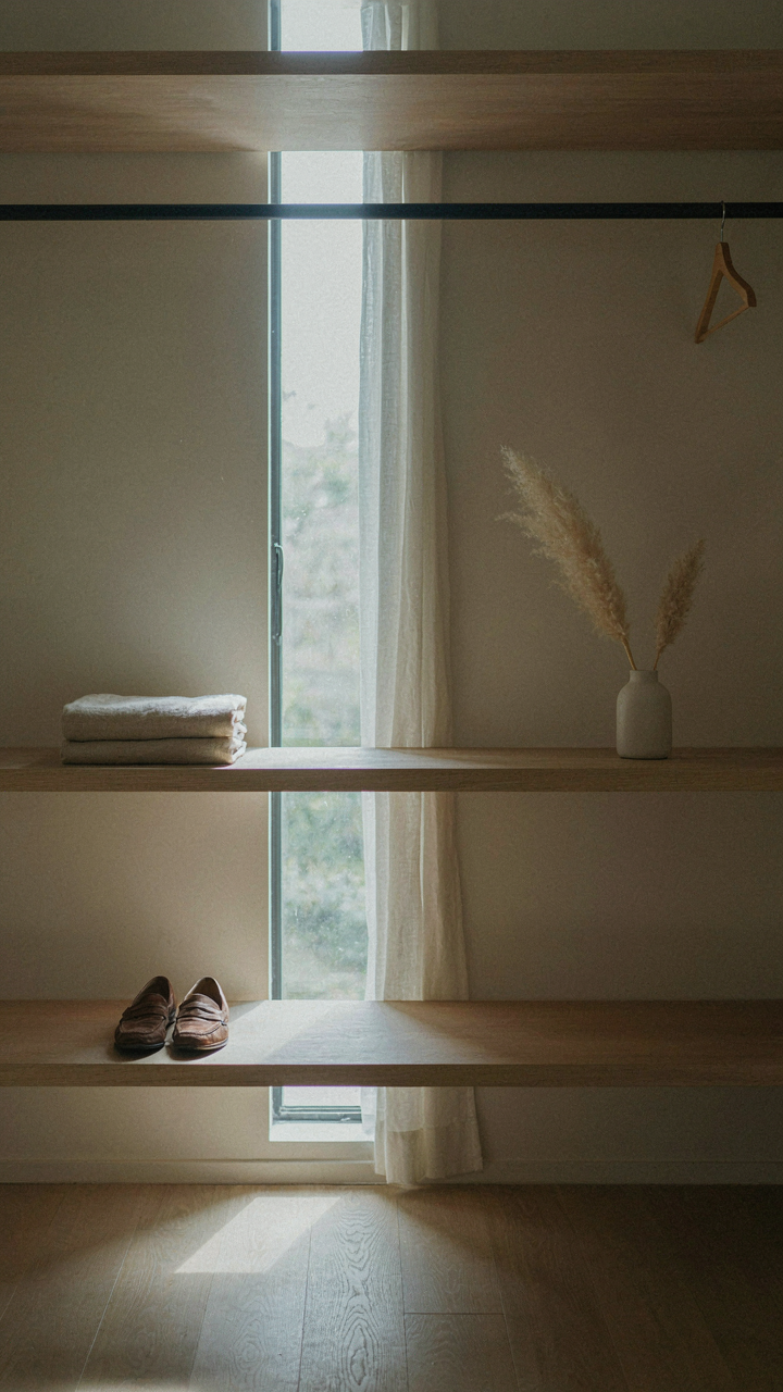 An empty, organized closet with only a few simple items.