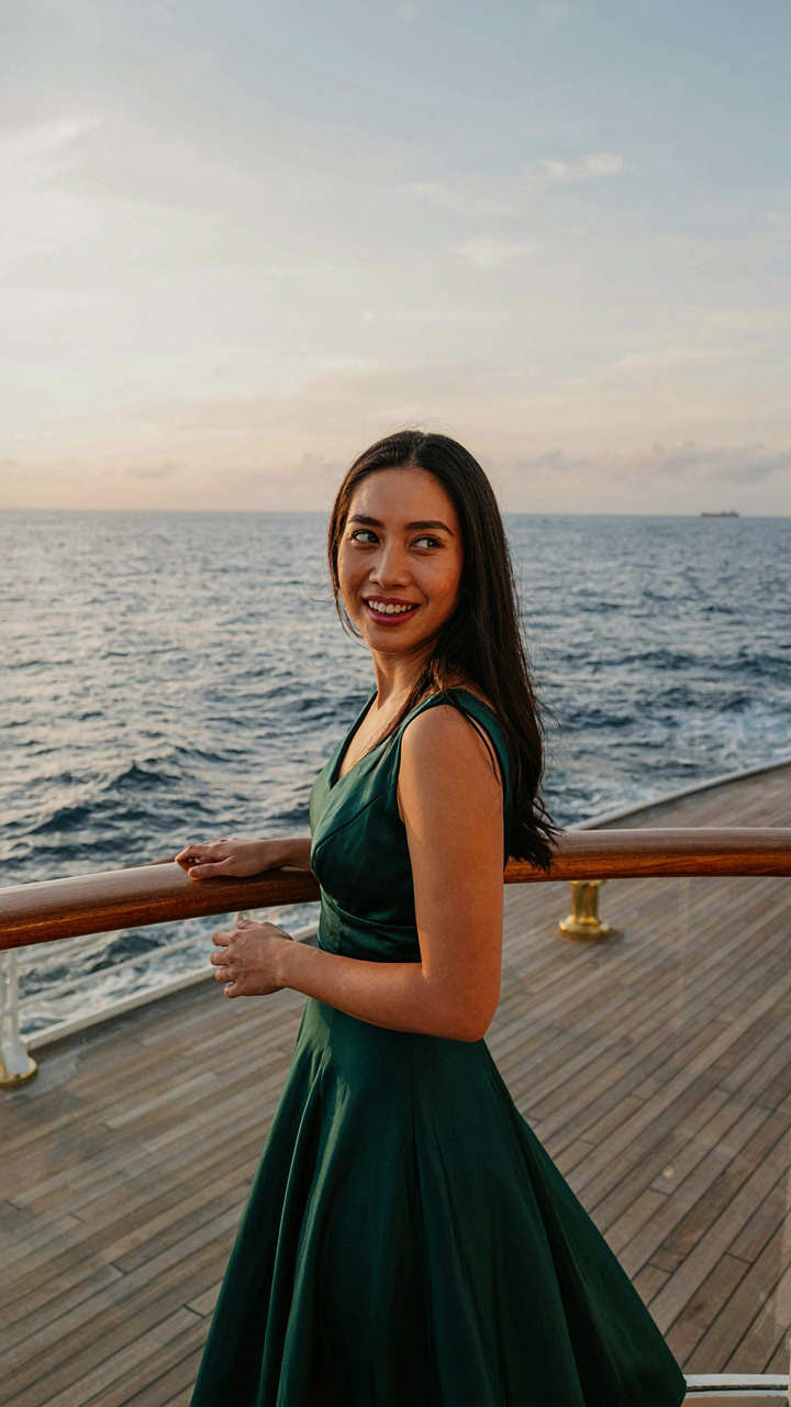 Woman in an evening gown radiating confidence on a cruise ship at sunset.