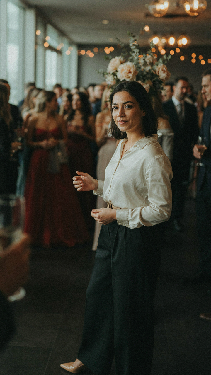 A woman smiles confidently in a stylish outfit and comfortable heels.
