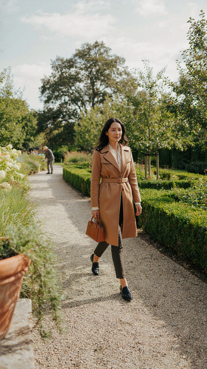 A person in a chic, well-fitted outfit confidently walks through a garden.