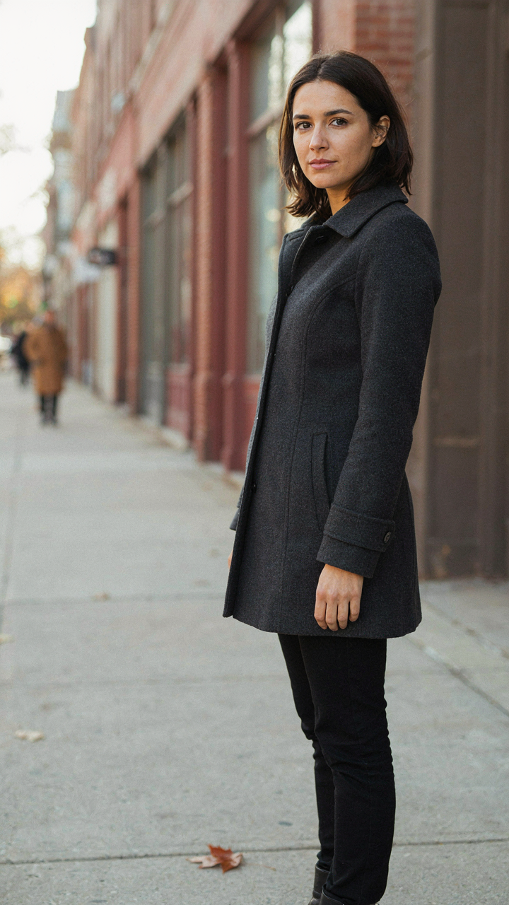 A woman in a perfectly fitted, understated dark winter coat for a wedding guest.