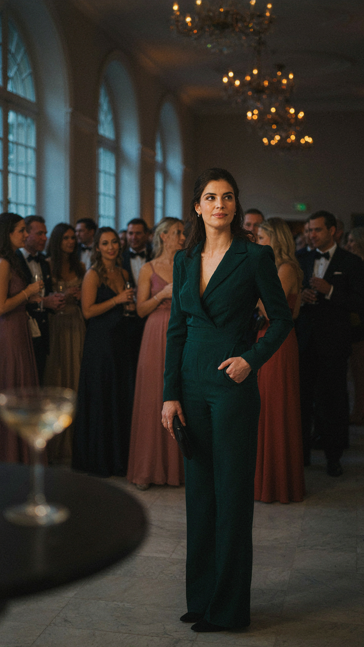 A woman in a unique jumpsuit with sleeves stands out in a crowd.