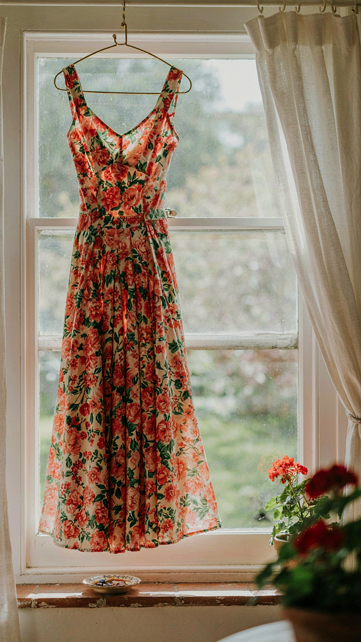 A vibrant, unique dress hangs freely in an open window bathed in sunlight.