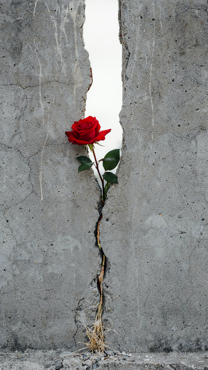 A bold red rose pushing through a crack in a concrete wall.