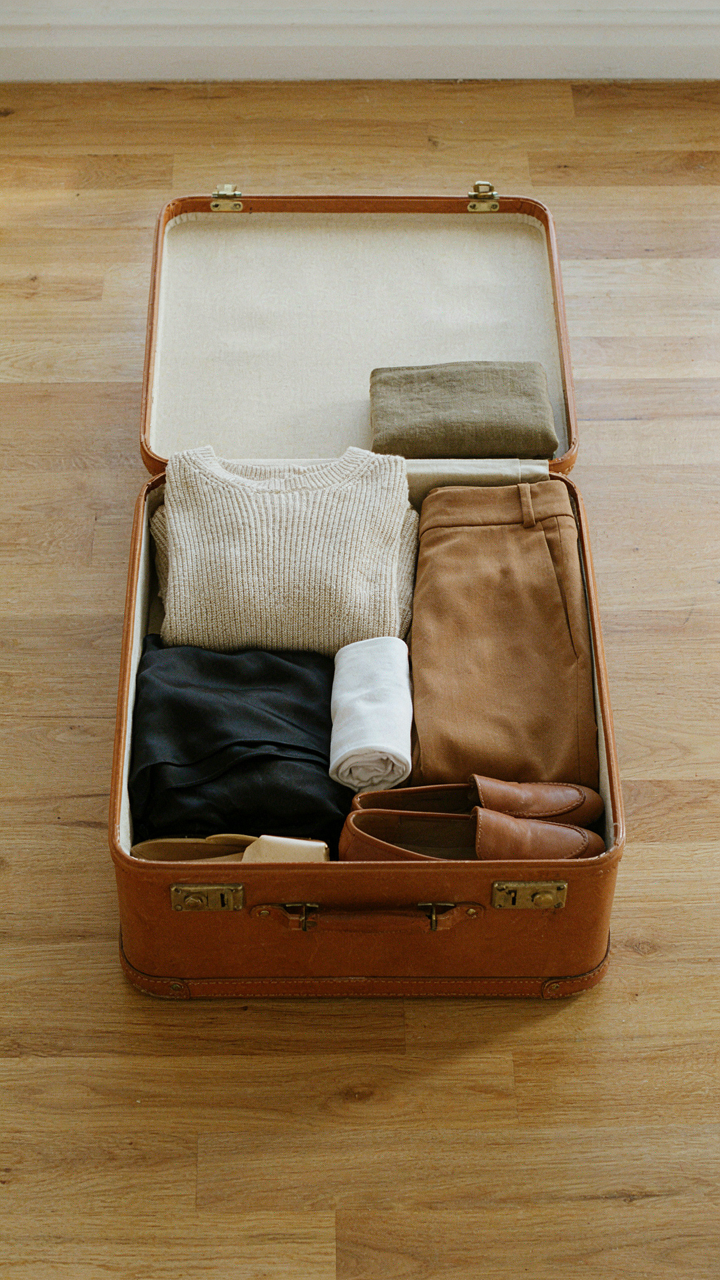 A beautifully organized, minimalist mexico beach vacation capsule wardrobe in a suitcase.