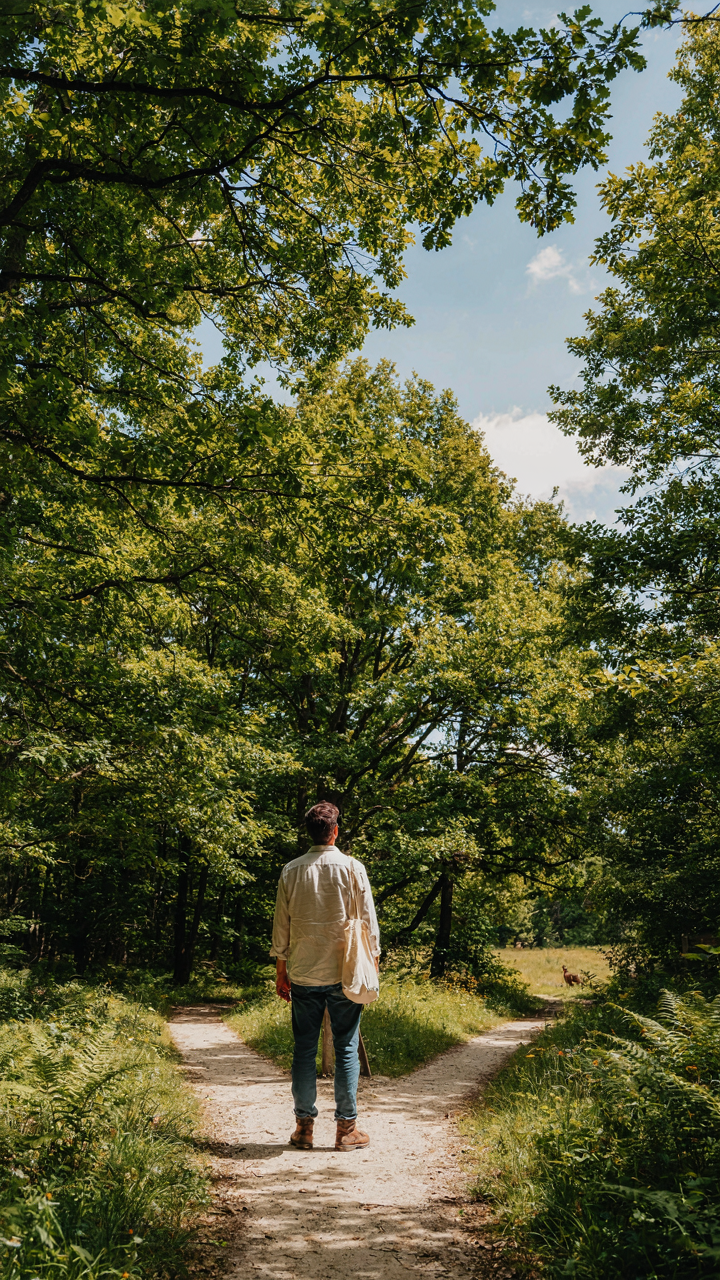 A narrow path splits into many directions through a green forest.